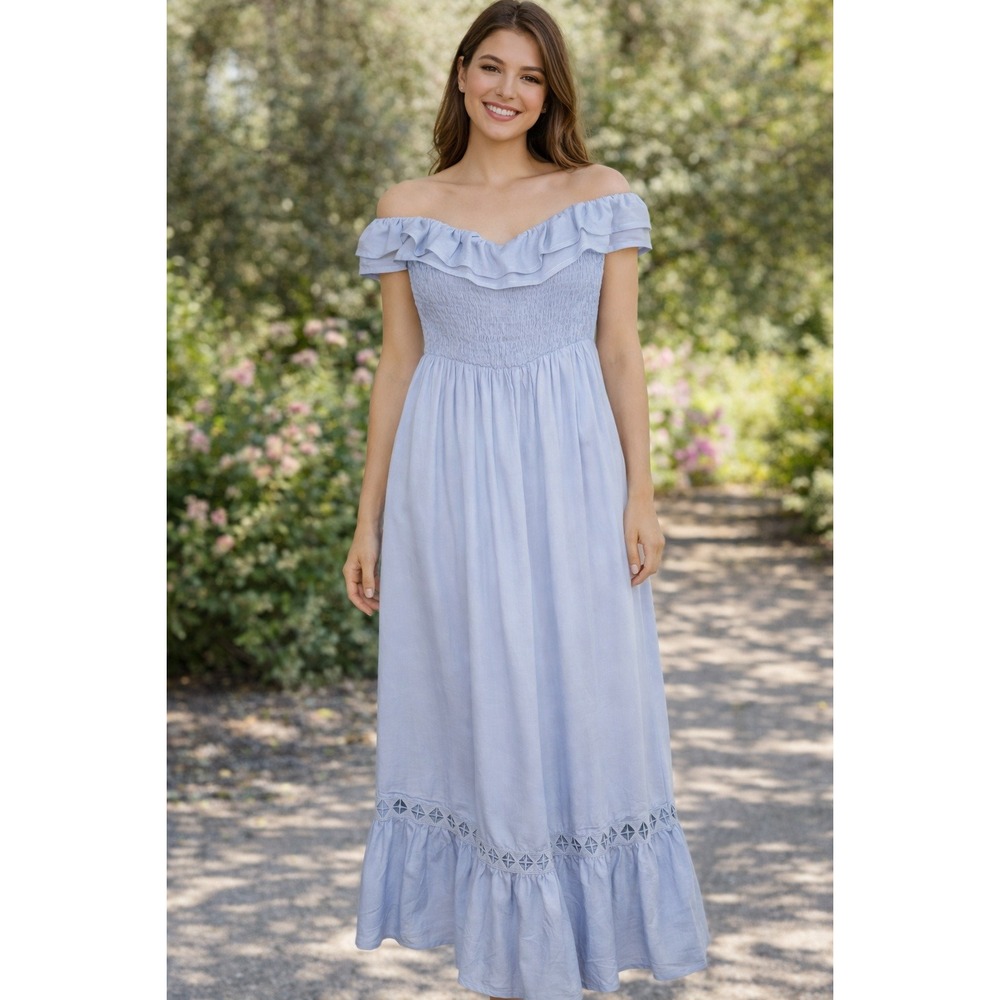 Unbranded Maxi Dress Women Large Blue Smocked Off Shoulder Boho Peasant Cottage